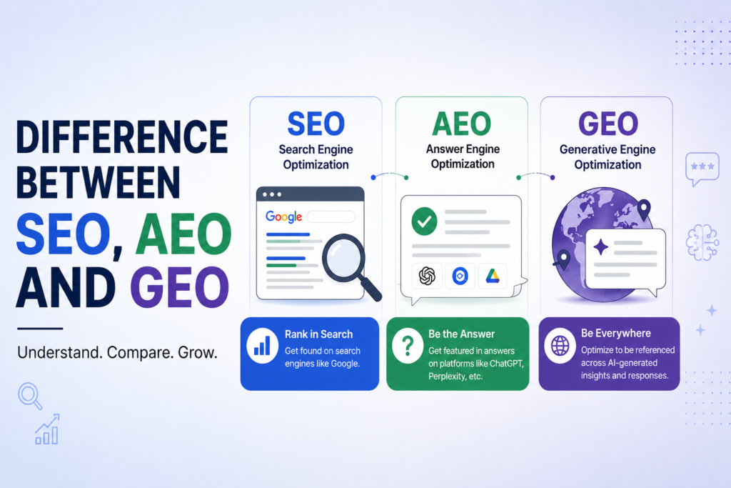 difference between seo, aeo and geo